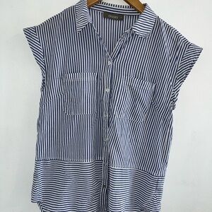 Oasis Navy and White Striped Cap-Sleeve Button Shirt UK size 8 = US size 4